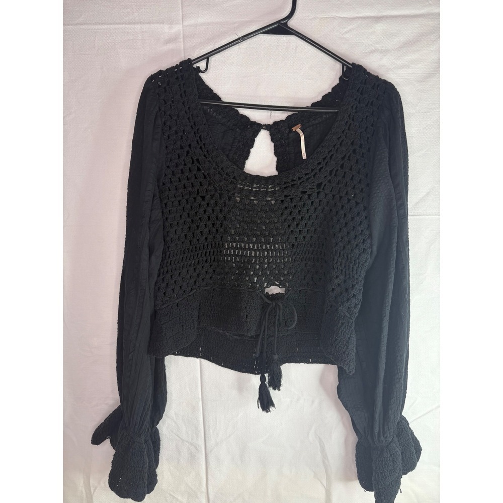Free People Black Crochet Knit Long Sleeve Open Back Tie Crop Top Women's M - Picture 5 of 10
